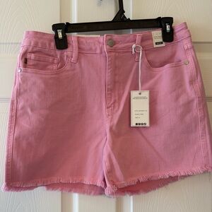 Judy Blue Mid Rise Pink Garment Dyed Frayed Hem Denim Shorts